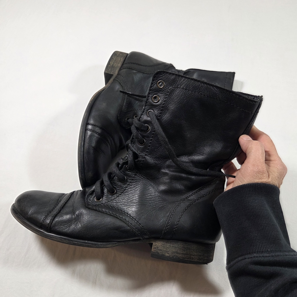 Steve Madden Troopa Boots Leather Chukka Black Woman's 9.5 lace Up Zip Boots - Picture 3 of 10